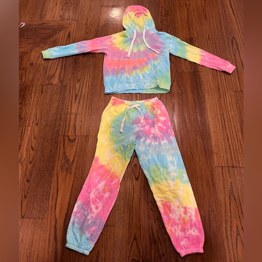 Katie J NYC Rainbow Tie Dye Rhinestoned sweatsuit girls xl